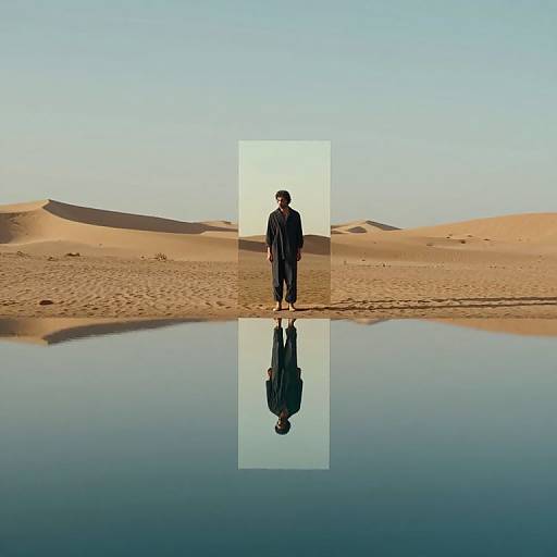 Photograph of a solitary man in dark clothing standing on sandy desert dunes, reflected in a still water pool, under a clear blue sky.