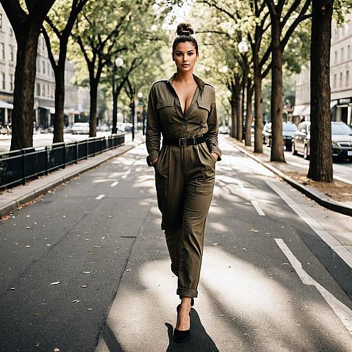 Woman in Khaki Utility Jumpsuit Walking on Tree-Lined Street