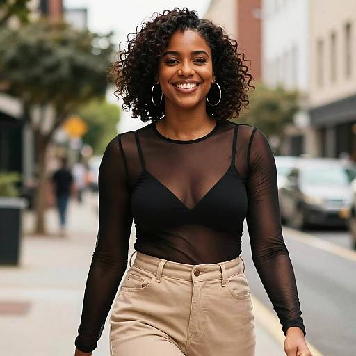 Photograph of a smiling Black woman with curly hair, wearing a sheer black top and beige pants, standing on a city street.