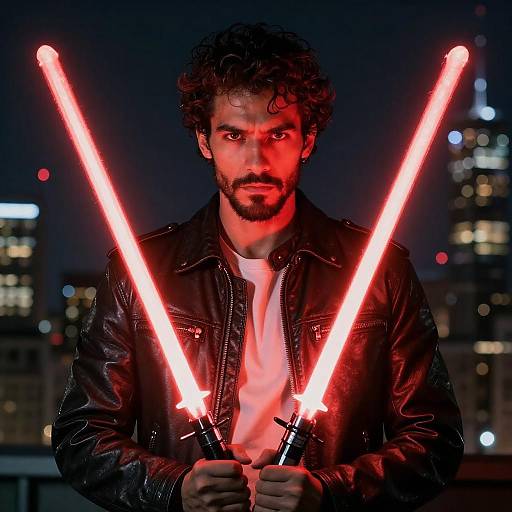 Man Holding Red Lightsabers at Night