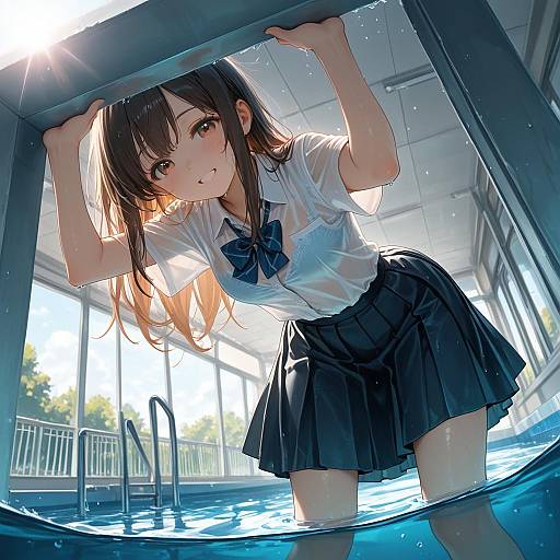 Sunlit Poolside Rain Adult Woman Portrait