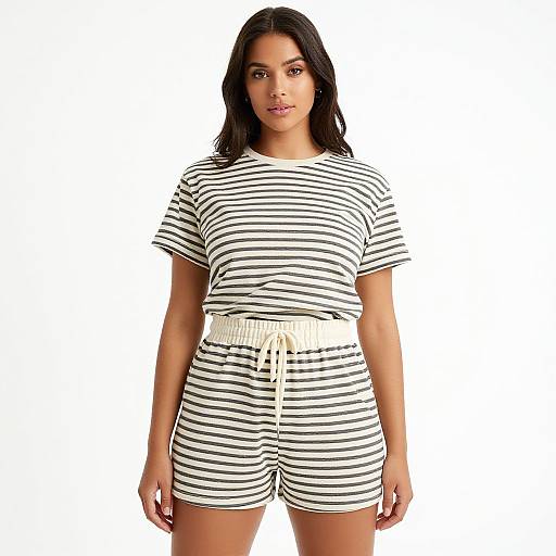 Photograph of a young woman with medium brown skin, black straight hair, wearing a black-and-white striped short-sleeve top and matching shorts with