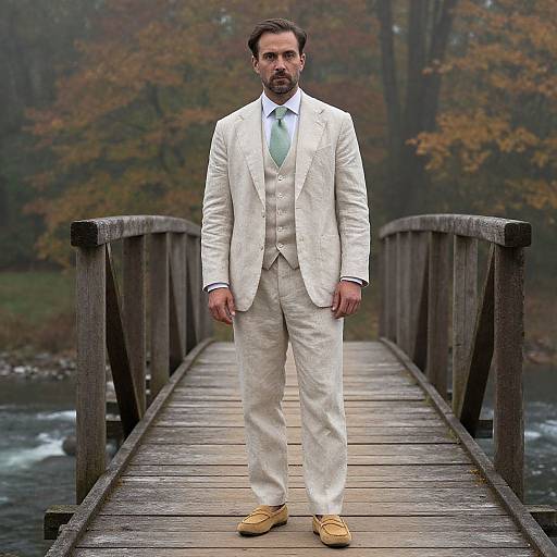 Photograph of a bearded man in a white suit, light green tie, and tan shoes standing on a wooden bridge in a foggy, autumn