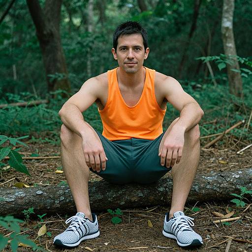 Photograph of a muscular man with short black hair, wearing an orange tank top, gray shorts, and white sneakers, squatting on a log in