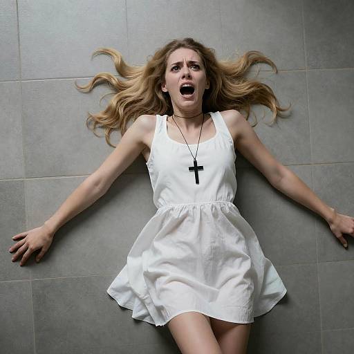 Terrified Woman on Tiled Floor