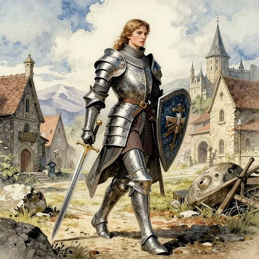 Digital painting of a confident, armored knight with long brown hair, holding a sword and shield, standing in a medieval village with stone buildings and mountain backdrop