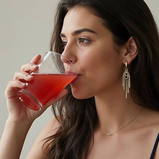 Photograph of a young woman with long dark hair, wearing gold earrings and necklace, drinking a bright red liquid from a clear glass.