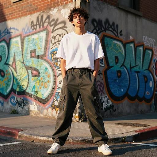 Photograph of a young man with curly hair, wearing a white T-shirt and black cargo pants, standing confidently on a graffiti-covered urban street corner in