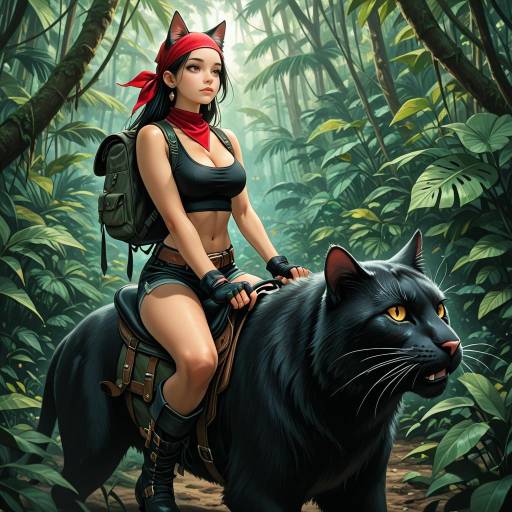 Adventurous Woman Riding Giant Panther in Jungle