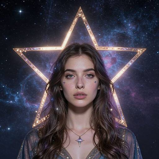 Photograph of a young woman with long brown hair, star stickers on cheeks, wearing a star necklace, against a glowing star backdrop with a cosmic galaxy