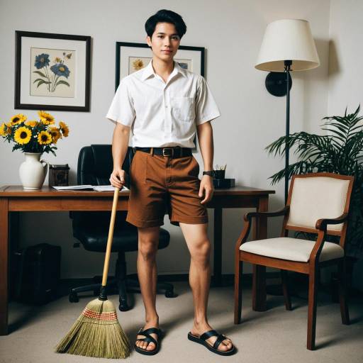 Young Man in Summer Office Wear with Broom