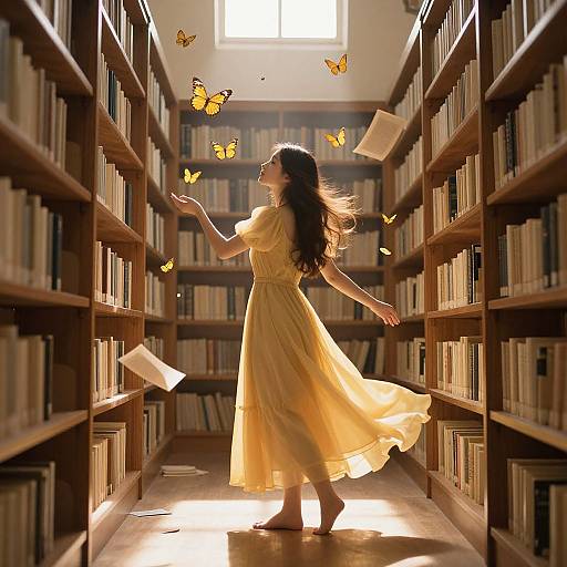 Photograph of a woman in a flowing yellow dress, surrounded by floating butterflies, standing in a sunlit library aisle.