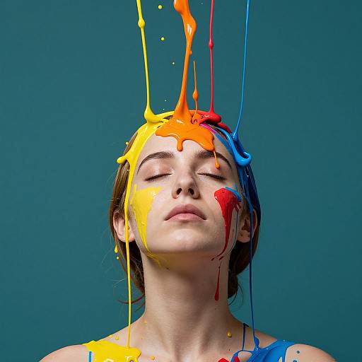 Photograph of a young woman with closed eyes, head tilted back, covered in colorful paint splashes (orange, yellow, red, blue) against