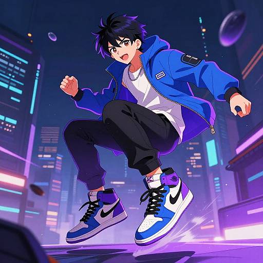 Anime-style digital illustration of a young man with black spiky hair, wearing a blue jacket, white shirt, black pants, and blue-and-white Nike