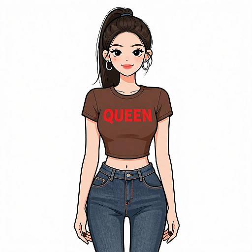 Digital anime-style drawing of a smiling woman with black hair in a ponytail, wearing a brown 