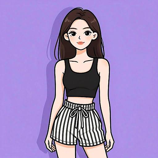 Digital anime-style drawing of a smiling young woman with long brown hair, wearing a black tank top and black-and-white striped shorts, against a solid purple