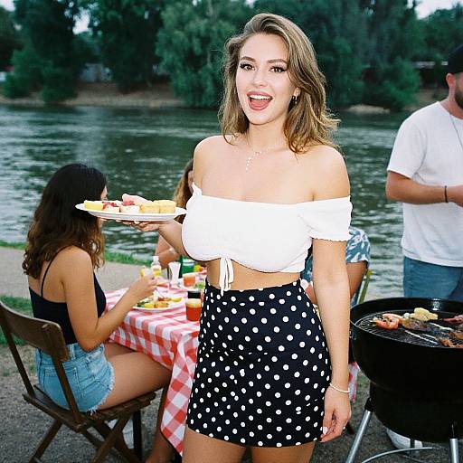 Photograph of a smiling young woman with wavy brown hair, wearing a white off-shoulder top and black polka dot skirt, holding a