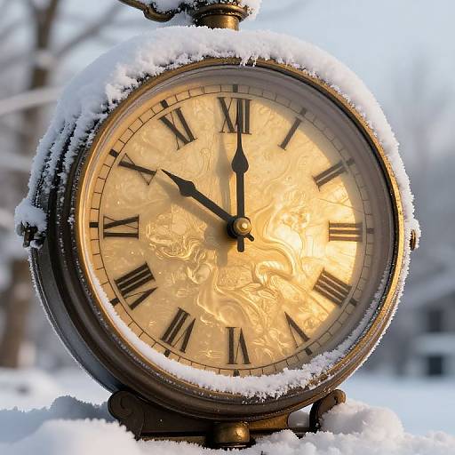 Photograph of a snow-covered, antique brass clock with a golden, ornate face, black Roman numerals, and black hands, set against a