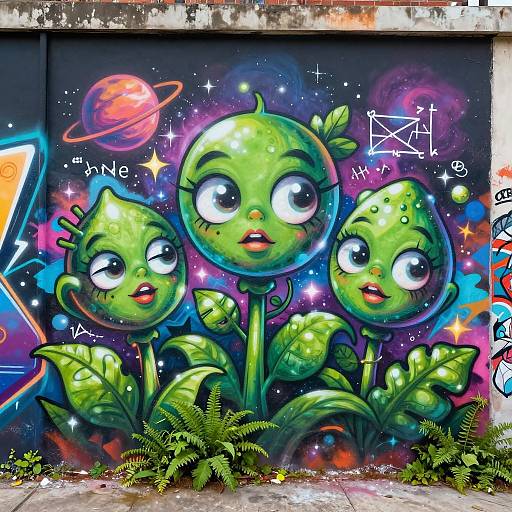 Vibrant graffiti of three green, cartoonish alien plants with large eyes and leaves, set against a cosmic background with planets, stars, and mathematical