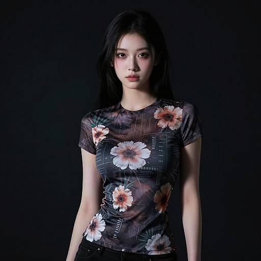Photograph of an Asian woman with long black hair, wearing a black floral-patterned shirt, standing against a black background.