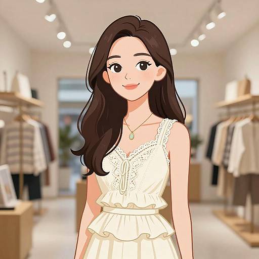 Digital anime-style drawing of a smiling woman with long brown hair, wearing a white lace dress, standing in a brightly lit clothing store with shelves and hanging