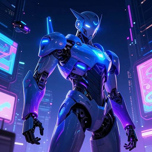 Cybernetic warrior robot with glowing blue and purple lights stands in a futuristic cityscape with neon billboards at night. CGI artwork.