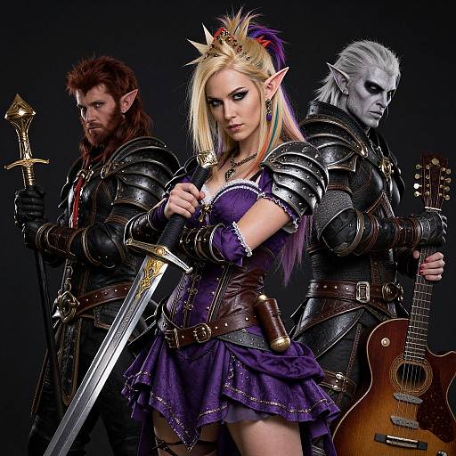 Digital fantasy artwork of three armored elves: a blonde woman with a crown, purple dress, and sword, flanked by a bearded man with a