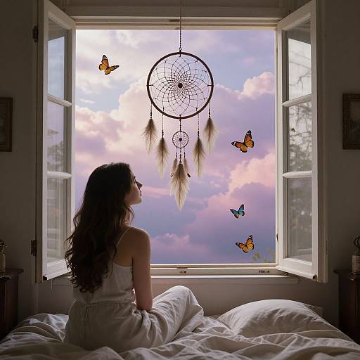 Silhouetted woman in white dress gazes at dreamcatcher and butterflies through open window against pink-purple sky. Photographic image.