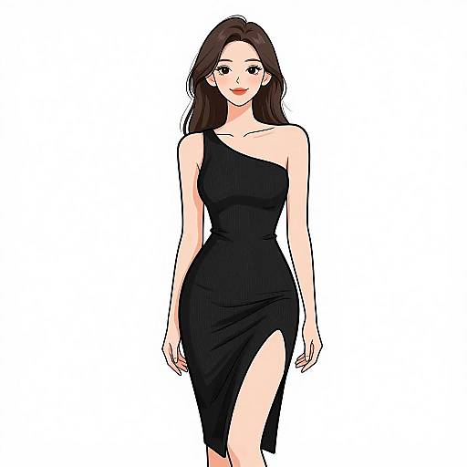 Digital illustration of a smiling woman with long brown hair, wearing a black, one-shoulder, high-slit dress, standing against a white background