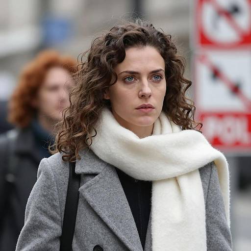 Serious woman with curly hair in gray coat and white scarf