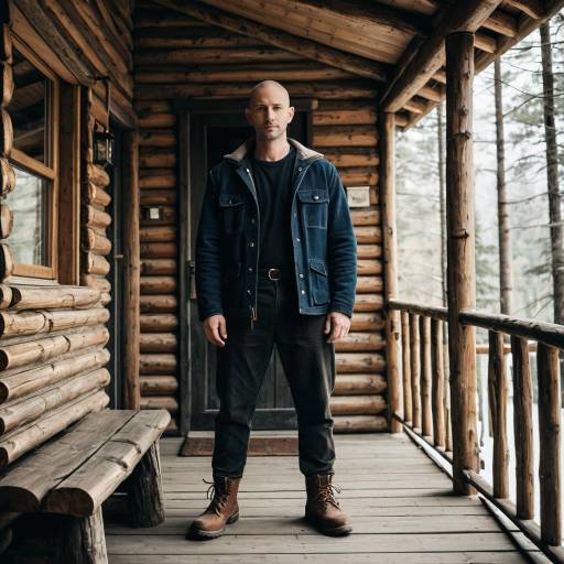 Man Standing on Rustic Log Cabin Porch