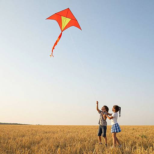 Children Flying Red Kite in Golden Field