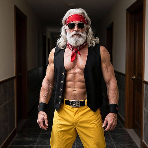 Photograph of a muscular, white-haired, bearded man in black vest, red bandana, yellow pants, black wristbands, and sunglasses,