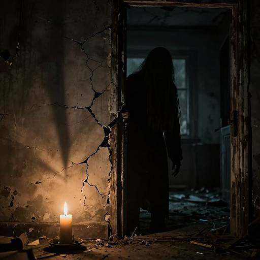Photograph of a dark, abandoned room with a silhouetted figure standing in a doorway beside a lit candle, casting eerie shadows on cracked,