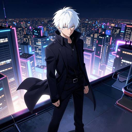Anime-style digital artwork of a white-haired, serious young man in a black coat, standing on a neon-lit city rooftop at night.