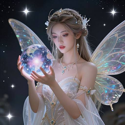 Digital fantasy artwork of a fair-skinned, ethereal fairy with iridescent wings, holding a glowing crystal sphere, adorned in a sparkling, off