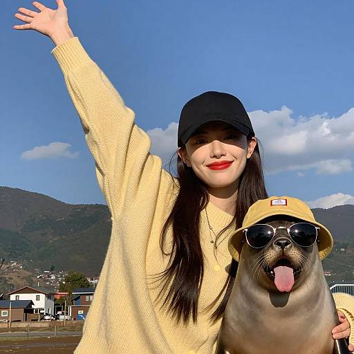 Smiling woman with seal wearing sunglasses and hat outdoors