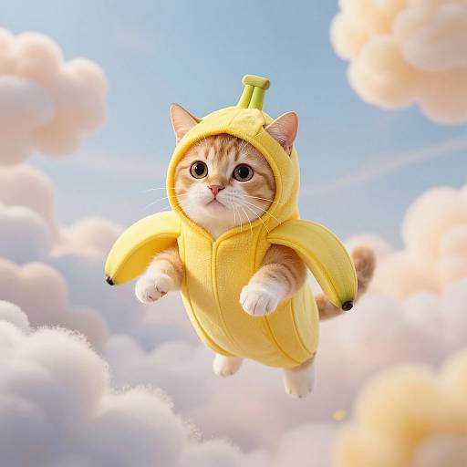 Cute orange tabby kitten in a yellow banana costume with a green stem, flying among fluffy white clouds against a bright blue sky. Photorealistic