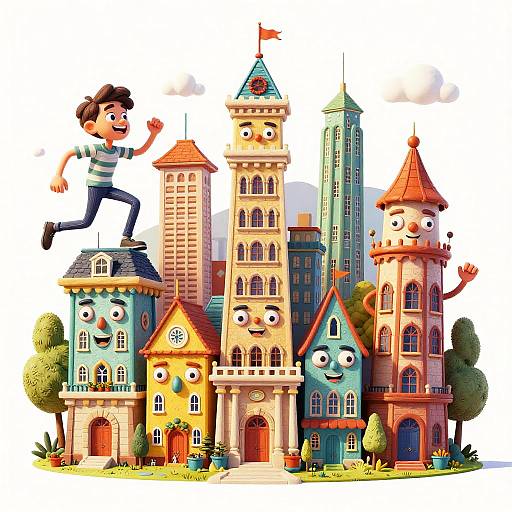 Colorful cartoon illustration of a joyful boy jumping on a whimsical, animated castle with smiling towers and vibrant, playful architecture.