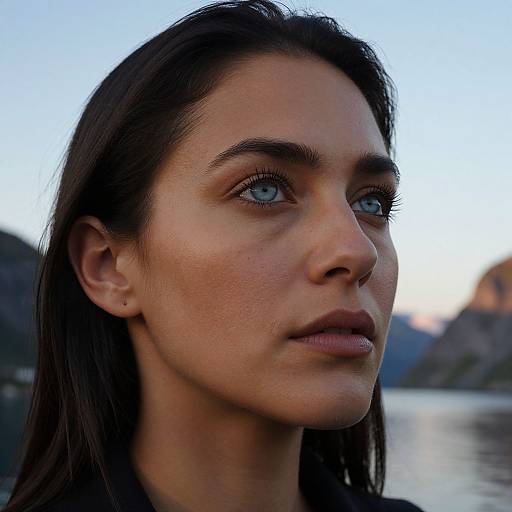 Photograph of a young woman with fair skin, blue eyes, and dark brown hair, looking contemplatively into the distance near a calm lake at sunset