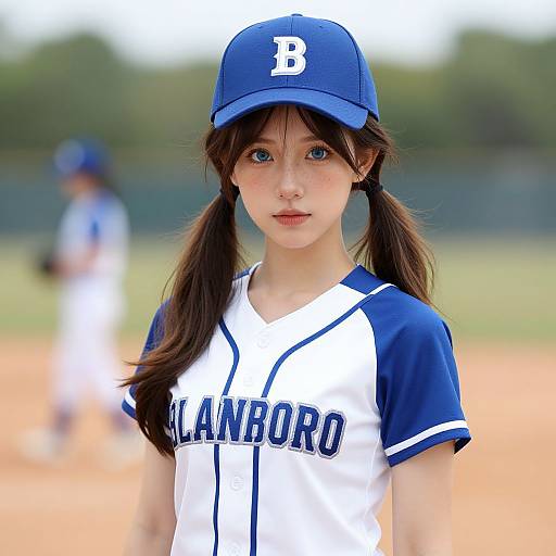 Photograph of a young Asian girl with blue eyes, wearing a blue and white baseball uniform, 