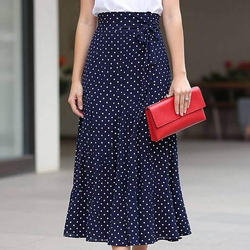 Photograph of a woman from waist down, wearing a navy blue polka dot skirt and white top, holding a bright red clutch.