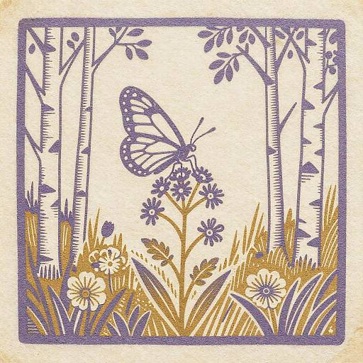 Woodcut Butterfly on Wildflower Meadow