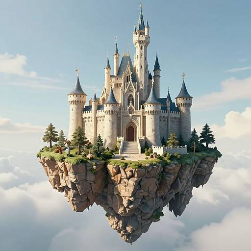 Digital artwork of a floating, grand medieval castle with multiple towers and spires, perched on a rocky island amidst fluffy clouds.