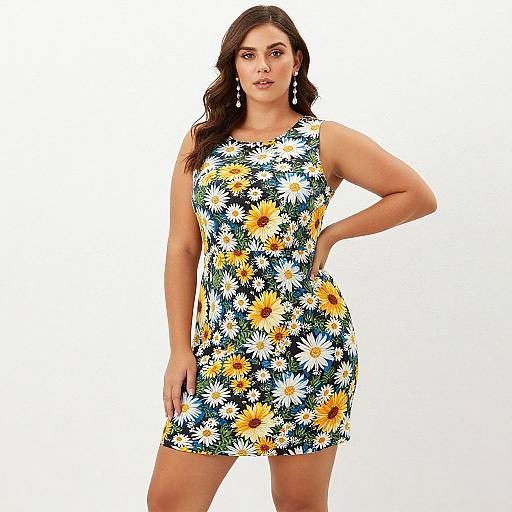 Photograph of a curvy woman with long brown hair, wearing a sleeveless, form-fitting dress with a vibrant daisy flower pattern, standing