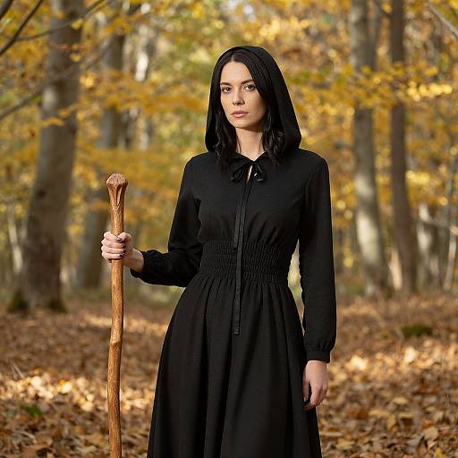 Photograph of a pale-skinned woman with black hair, wearing a black long-sleeved dress, holding a wooden staff, standing in a sun