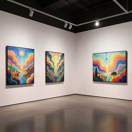 Photograph of a modern art gallery with three vibrant, abstract paintings featuring swirling colors and dynamic patterns, hanging on white walls under black ceiling lights.