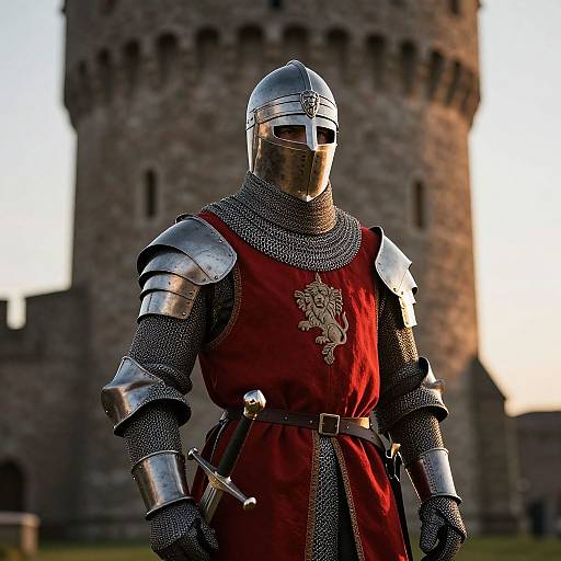 Photograph of a knight in full silver armor and red surcoat with chainmail, wearing a helmet and visor, standing before a medieval stone castle