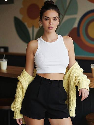 Photograph of a young woman with dark hair in a bun, wearing a white crop top, black shorts, yellow cardigan, standing in a colorful