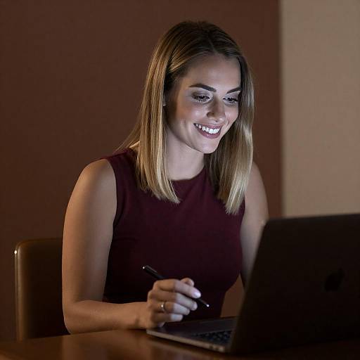 Smiling Woman with Laptop in Dim Room